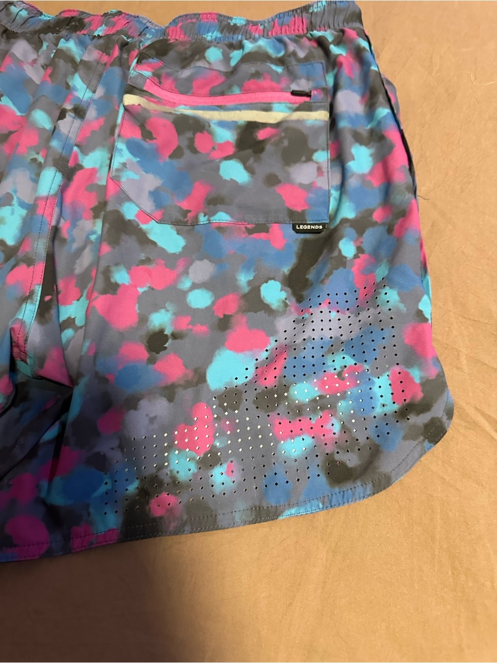 Neon Camo Workout Shorts with Pink Waistband - Picture 7 of 9